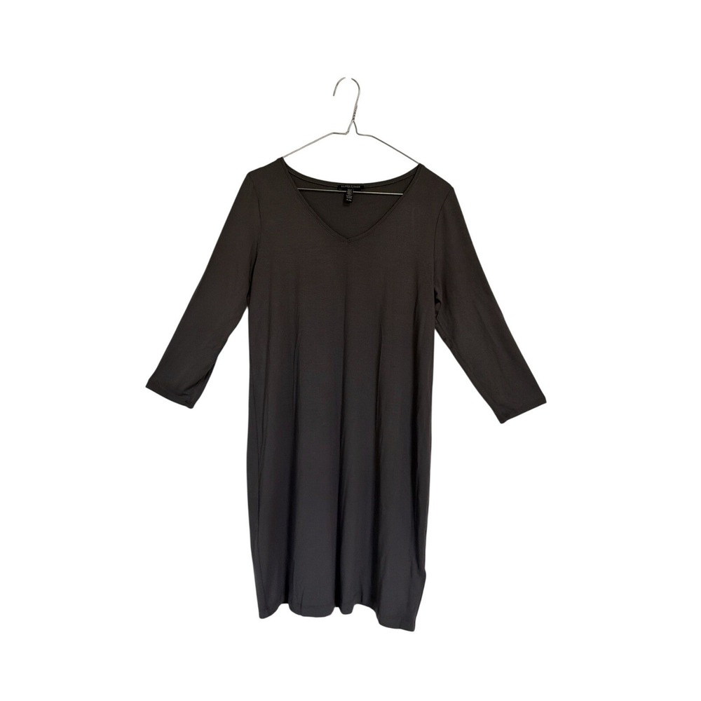 Eileen Fisher Petite V-Neck 3/4 Sleeve Shift Dress Charcoal Gray Viscose PL PG